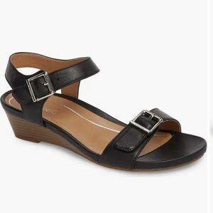 Vionic Black Women's Ankle-Strap Buckle Wedge Sandals